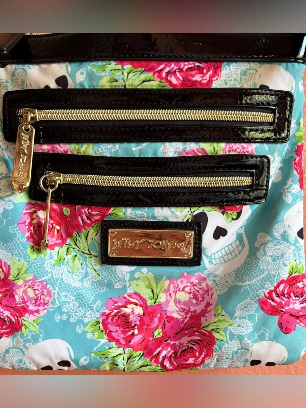 Besty Johnson Floral Skull Crossbody Bag in Turquoise and Pink